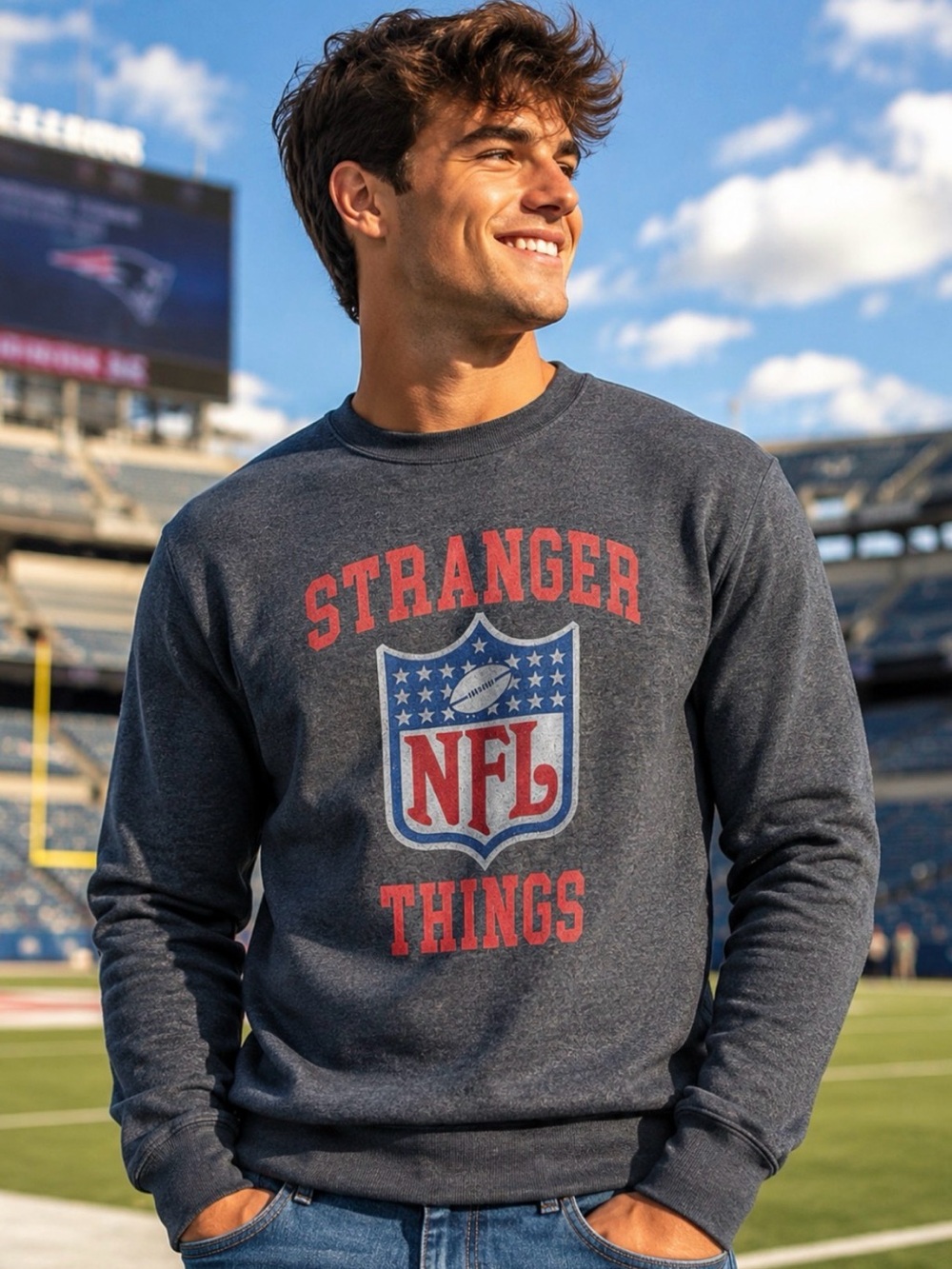 NFL Men's Dark Gray Crewneck with Red and White Shield Graphic